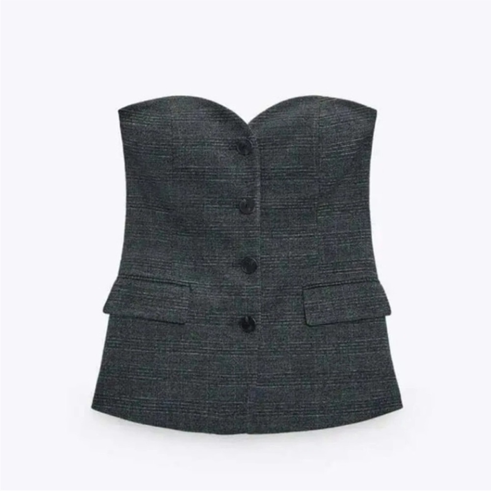 Zara Charcoal Plaid Strapless Top